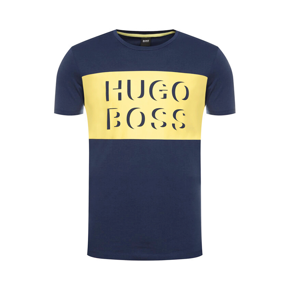 Hugo Boss 男士黄色logo印花海军蓝色棉质短袖t恤 Tiburt-162-50426064-407 In Blue