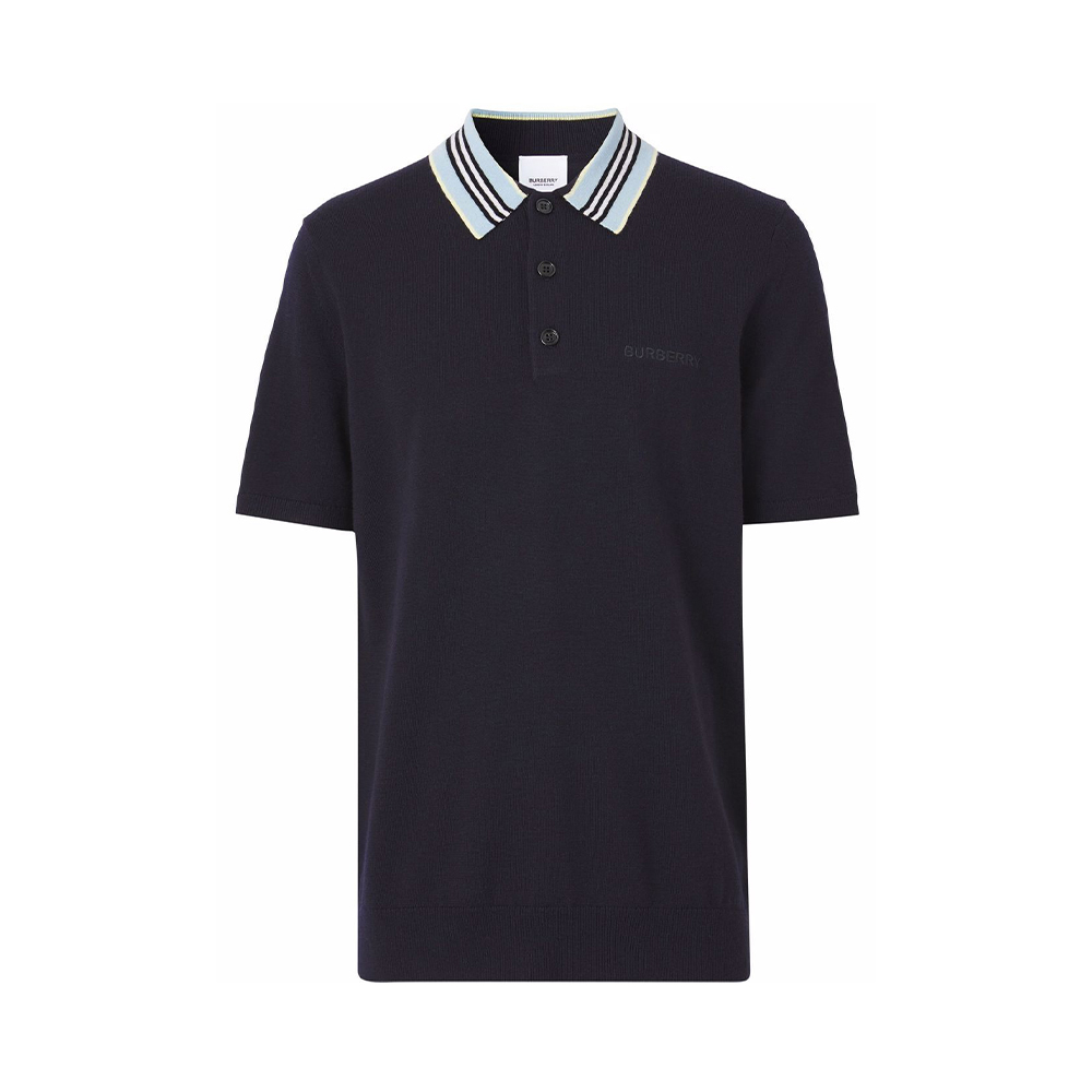 Burberry 男士深蓝色标志性条纹细节羊毛 Polo 衫 8052156 In Black