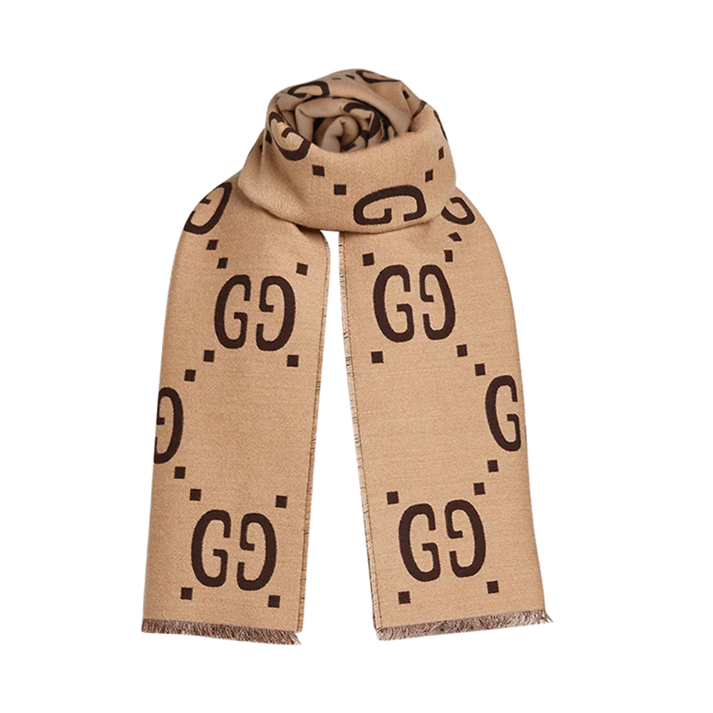 Gucci Brown Web Striped GG Jacquard Knit Wool & Silk Scarf