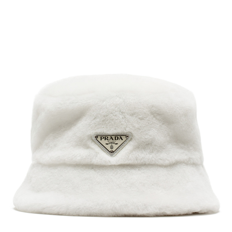 Prada Triangle Logo Shearling Bucket Hat In White