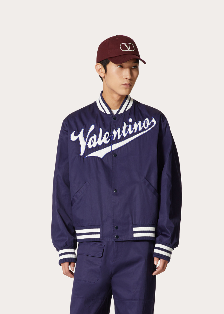 Valentino Embroidered Logo-patch Bomber Jacket In Blue