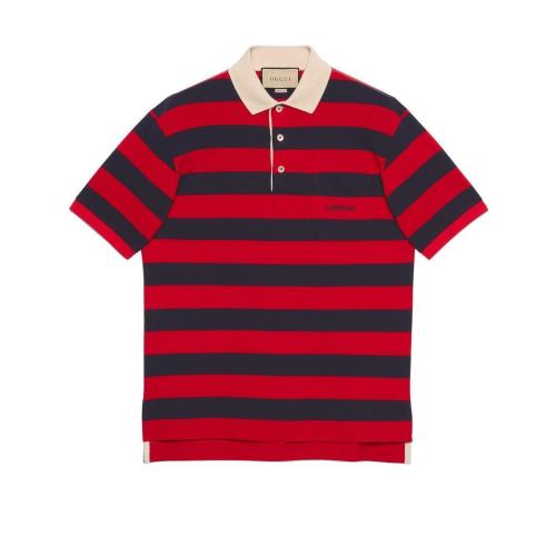 Gucci 专柜直采  男士红色和海军蓝色条纹棉质字母刺绣logo短袖polo衫 692135-xjd75-6268 In Red