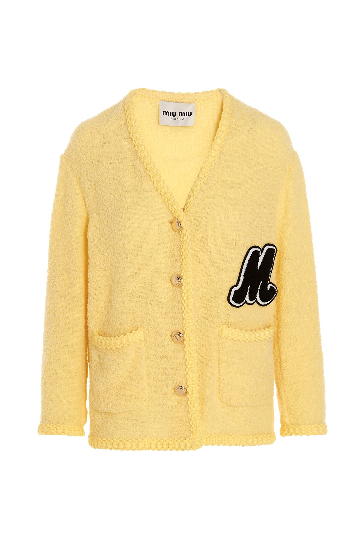 Miu Miu 女士黄色羊毛混纺单排扣饰有黑色m贴布针织外套 Mh1764-2e37-f0061 In Yellow