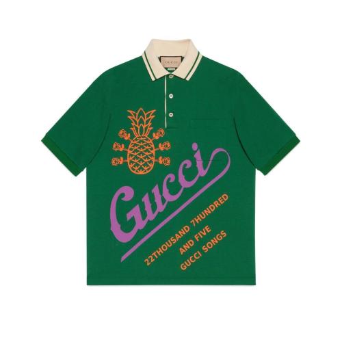 Gucci 专柜直采  男士绿色水洗棉质配以菠萝和玫瑰印花短袖polo衫 672424-xjd2z-3495 In Green