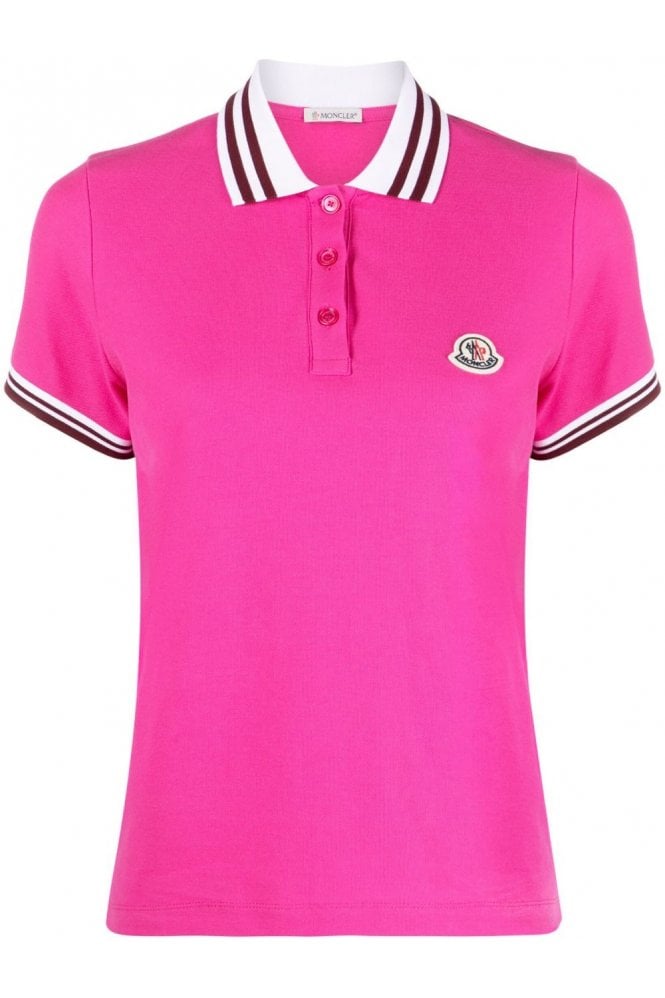 Moncler 女士桃红色棉质胸前标志贴片黑白条纹衣领袖口短袖polo衫 8a00005-84720-544 In Pink