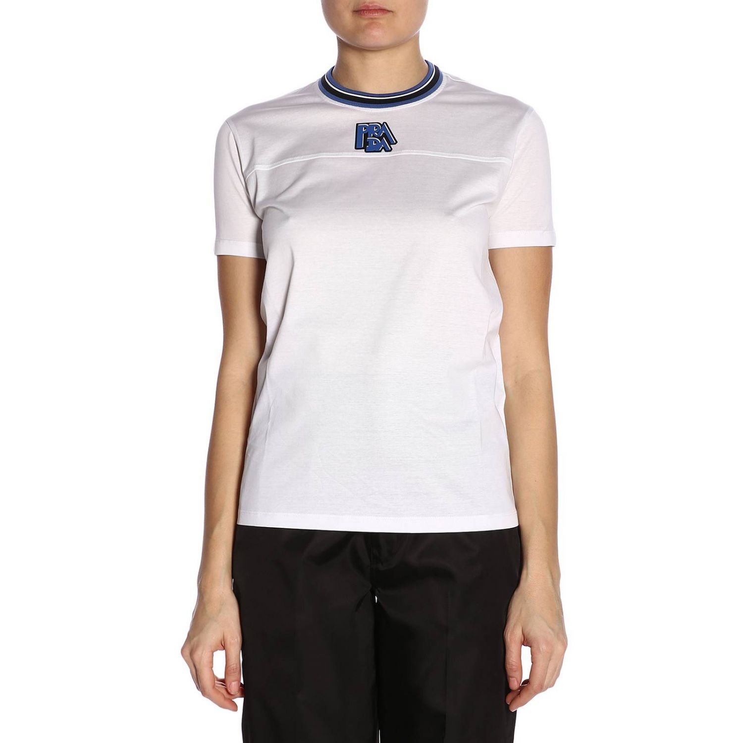 Prada 女士白色浅蓝色细节短袖t恤 35986-1tha-f0az1 In White